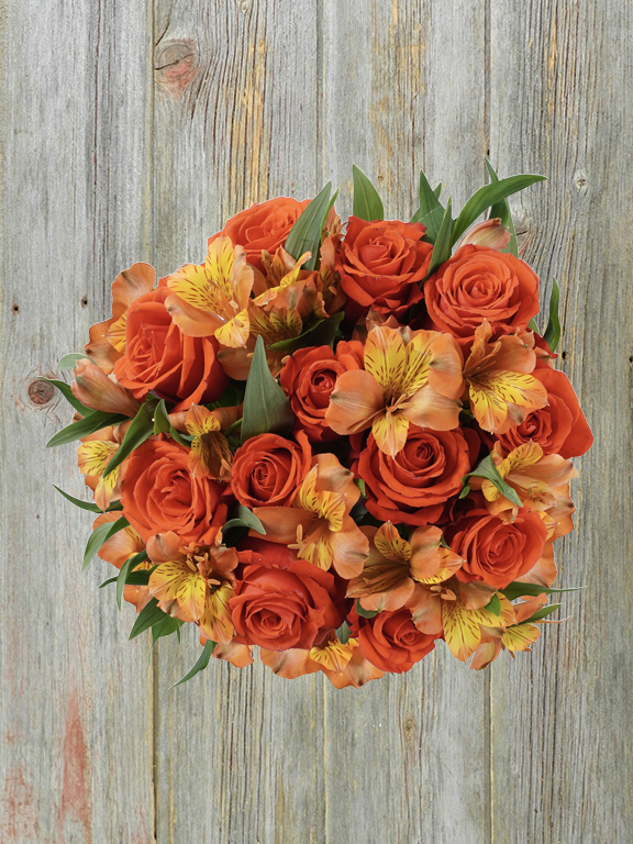 MONOCHROMATIC ORANGE ALSTROMERIA AND   ROSE 18 STEM BOUQUET